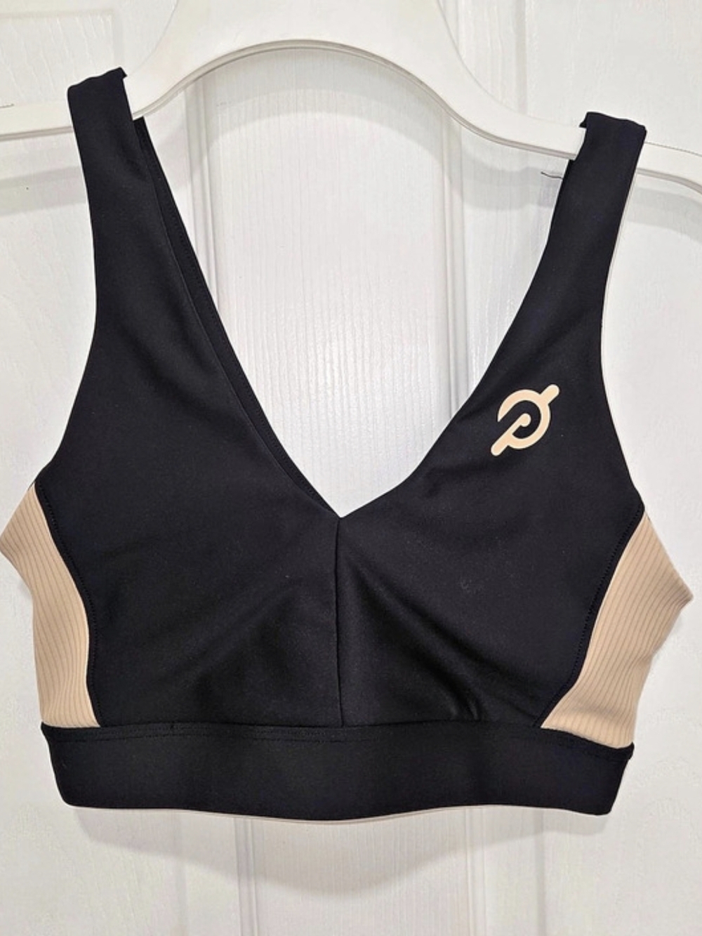Peloton V Neck Color-Block Sports Bra Unlined Gray Beige-Ribbed Womens Medium